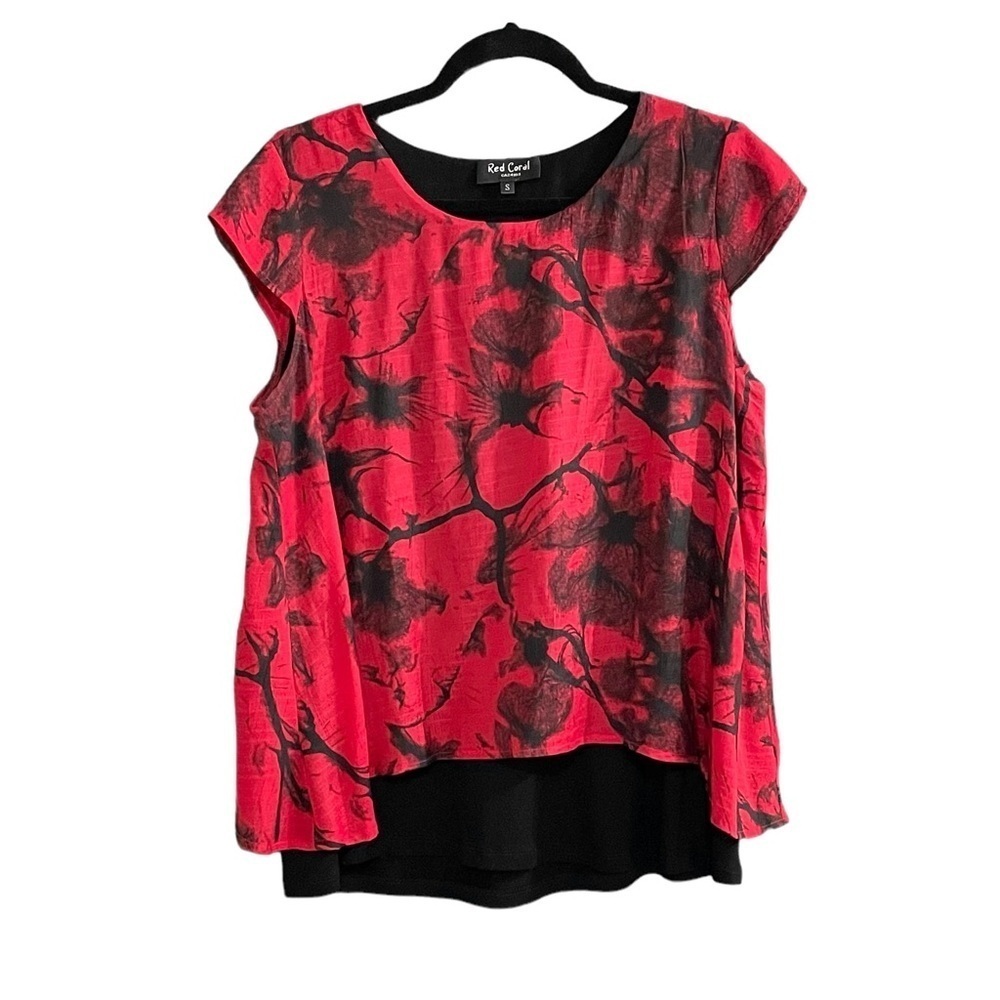 RED CORAL Floral Print Oversized Short Sleeve Blouse Red Black S